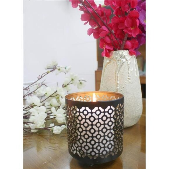 Black Metal Candle Holder Lantern Gold Interior Tealight Votive Home Decor - Picture 3 of 6